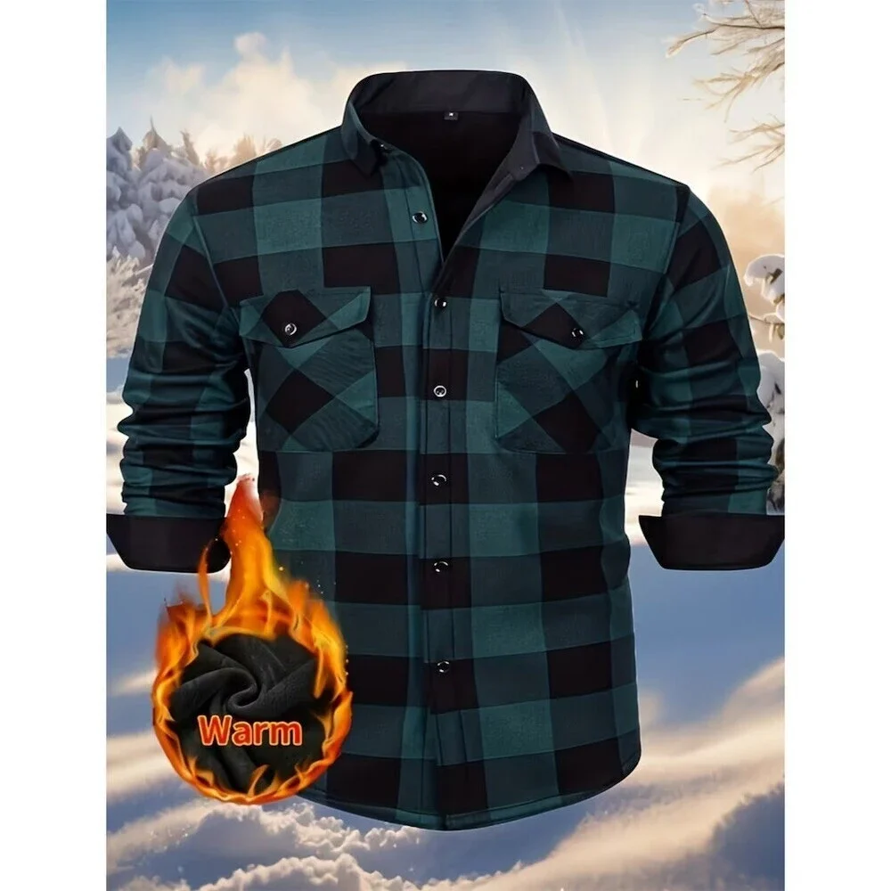 Men’s Shirt Jacket XL Green & Black Buffalo Plaid Fleece Lined Winter Fall Cozy